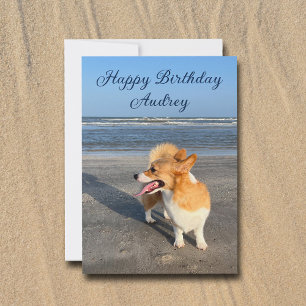 Cute Beach Corgi Personalised Happy Birthday Card
