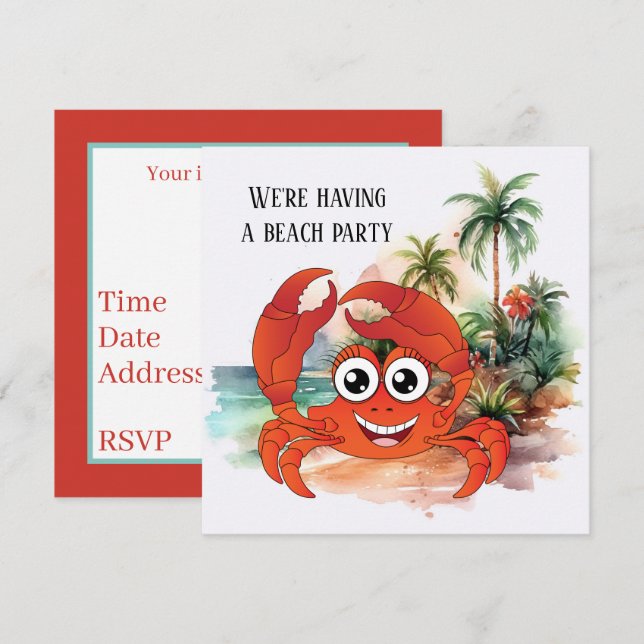 cute beach crab party invitation (Front/Back)