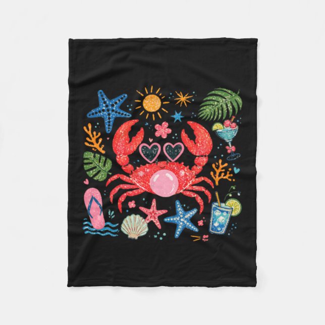 Cute Beach Crab Summer Fleece Blanket (Front)