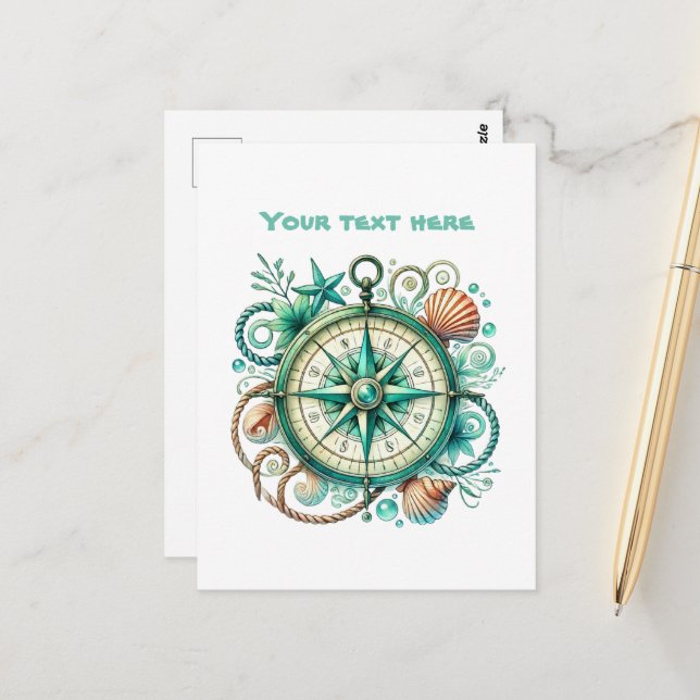 Cute beach customisable nautical compass postcard (Front/Back In Situ)