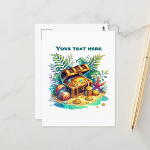 Cute beach customisable treasure chest postcard