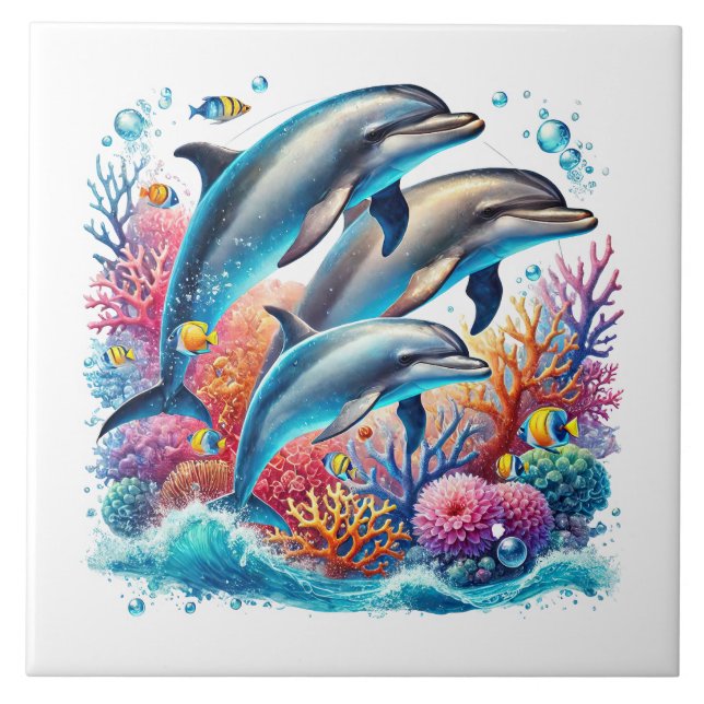 Cute beach dolphin lovers ceramic tile (Front)