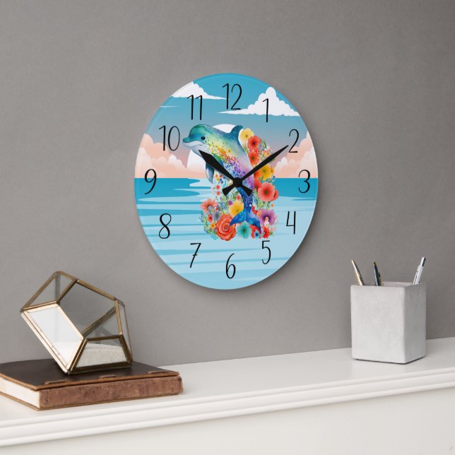 cute beach dolphin lovers  large clock (Office)