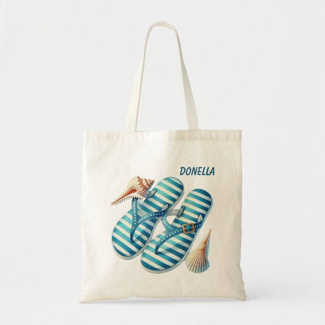 Cute beach flip flop lovers add name tote bag (Front)