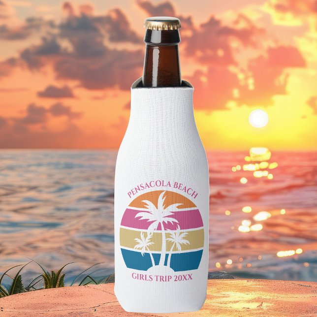 Cute Beach Girls Trip Palm Trees Custom Pink Bottle Cooler (Creator Uploaded)
