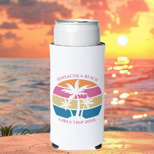 Cute Beach Girls Trip Palm Trees Custom Pink Seltzer Can Cooler