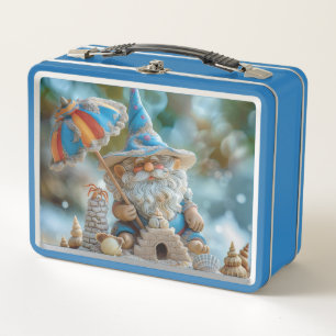 Cute beach gnome with an umbrella metal lunch box