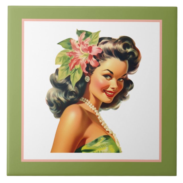 Cute beach Hawaiian lady  Tile (Front)