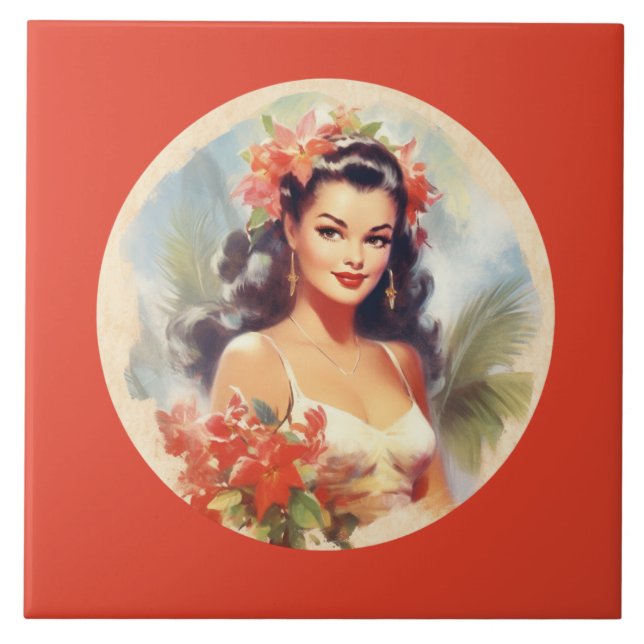 Cute beach Hawaiian lady  Tile (Front)