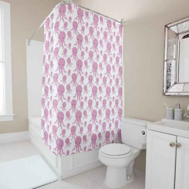cute beach house octopus tiled shower curtain (In Situ)