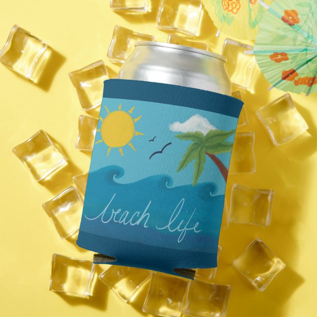 Cute Beach Life Can Cooler with Palm Tree & Ocean (In Situ Summer)