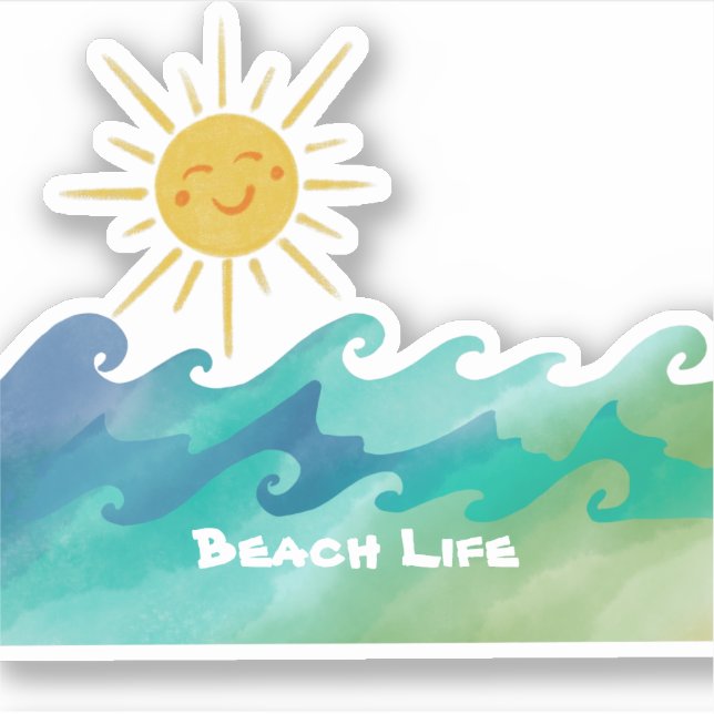 Cute Beach Life Sun and Waves Vinyl Cut Sticker (Front)