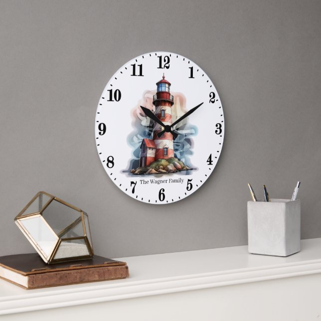 Cute Beach lighthouse lovers add name  Large Clock (Office)