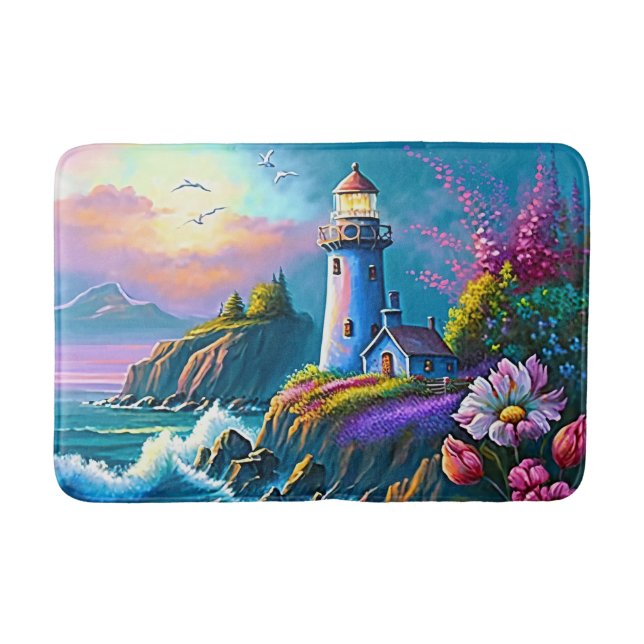 Cute beach lighthouse lovers bath mat (Front)