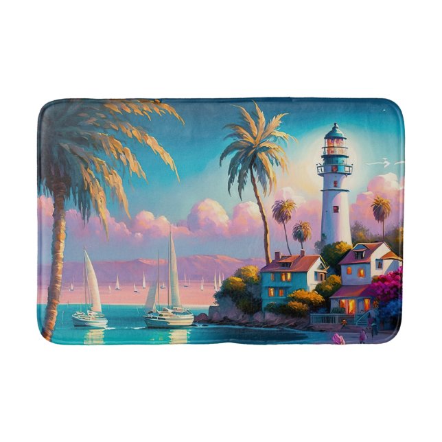 Cute beach lighthouse lovers bath mat (Front)