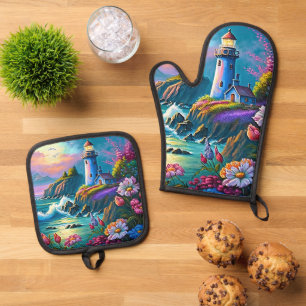 Cute beach lighthouse lovers kitchen oven mitt & pot holder set