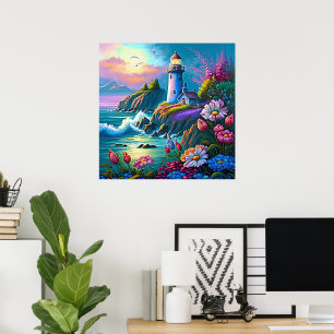 Cute beach lighthouse lovers poster