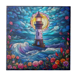 cute beach lighthouse lovers  tile