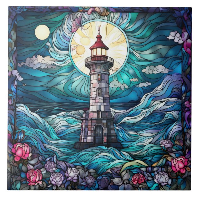 cute beach lighthouse lovers  tile (Front)