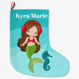 Cute Beach mermaid Christmas Holiday Large Christmas Stocking