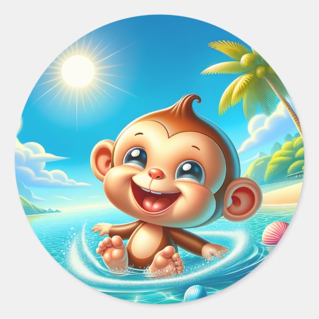 Cute beach monkey lovers classic round sticker (Front)