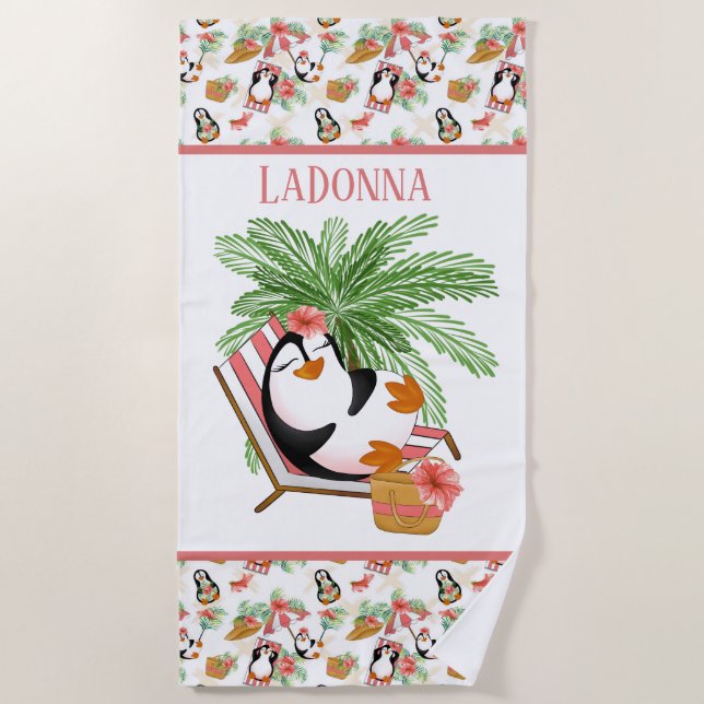 cute beach penguin add name Beach Towel (Front)
