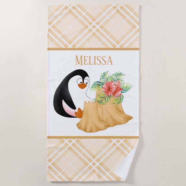 cute beach penguin add name beach towel (Front)