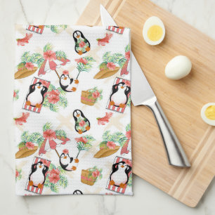 Cute beach penguins tiled tea towel