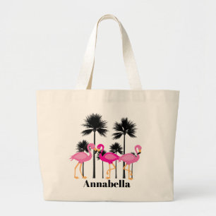 Cute beach pink flamingo add name tote bag