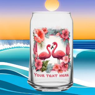 Cute beach pink flamingo add text  can glass
