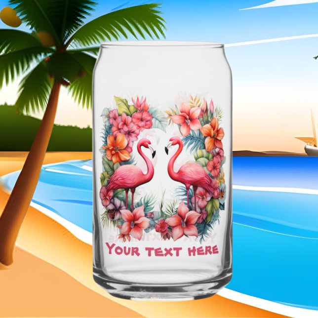 Cute beach pink flamingo add text  can glass (Creator Uploaded)