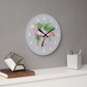 Cute beach pink flamingo decor Large Clock