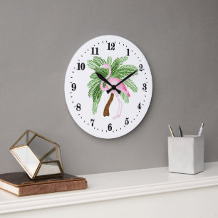 Cute beach pink flamingo decor large clock