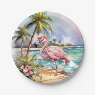 Cute beach pink flamingo party paper plate