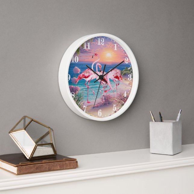 cute Beach pink flamingos  Clock (Office)