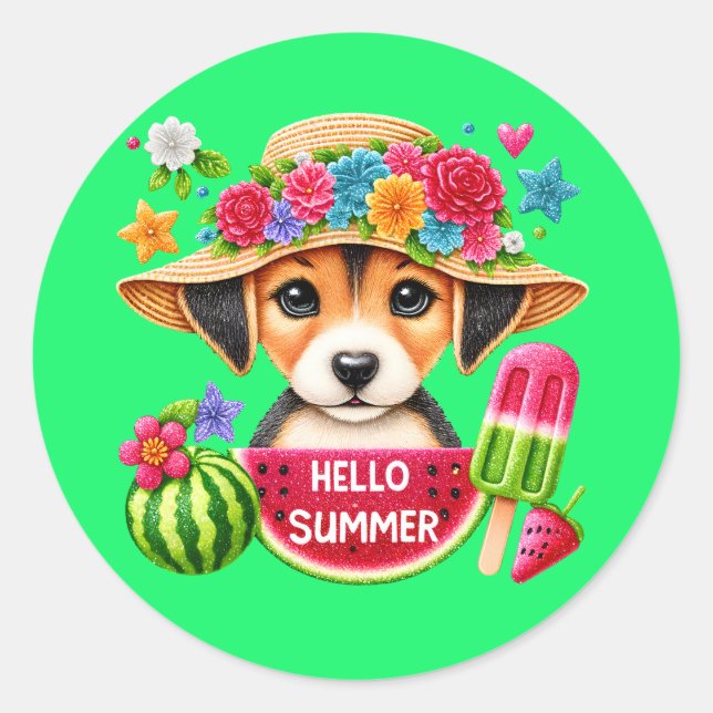 Cute beach puppy lovers classic round sticker (Front)