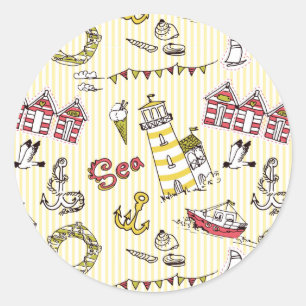 Cute Beach Scene Pattern Classic Round Sticker