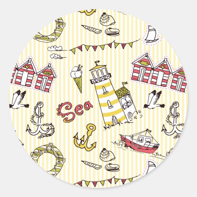 Cute Beach Scene Pattern Classic Round Sticker (Front)