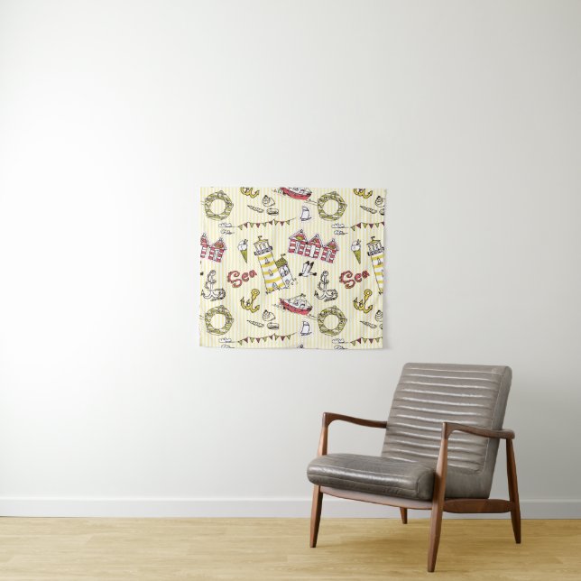 Cute Beach Scene Pattern Tapestry (In Situ (Horizontal))