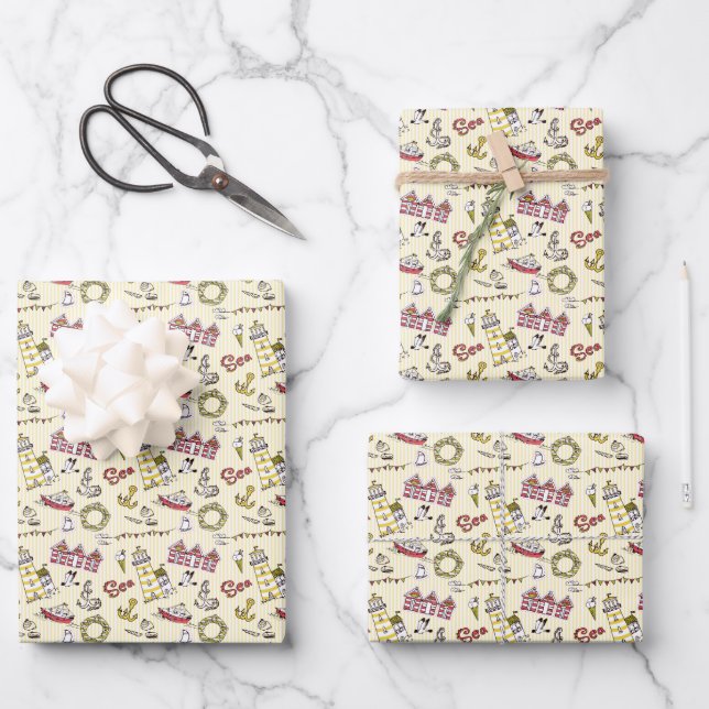 Cute Beach Scene Pattern Wrapping Paper Sheet (Front)