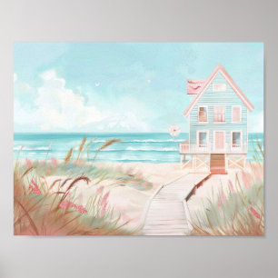 cute beach scenery illustration watercolor style poster