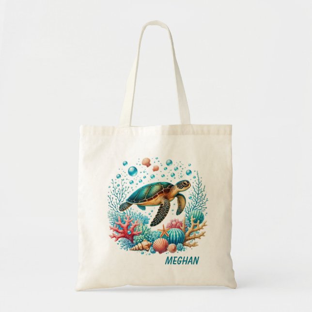 Cute beach sea turtle add name  tote bag (Front)