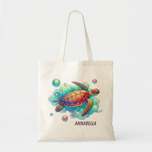 Cute beach sea turtle add name tote bag (Front)