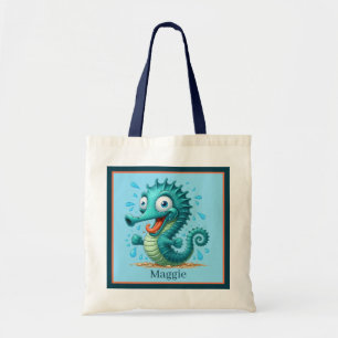 Cute beach seahorse add name kids tote bag