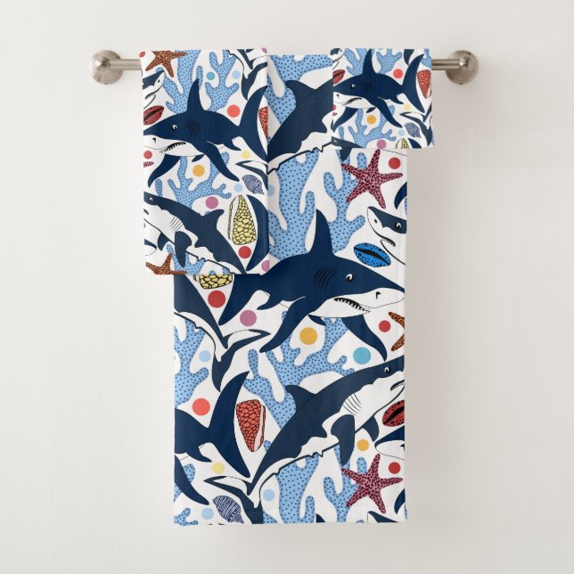 Cute Beach shark tiled pattern Bath towel set (Insitu)