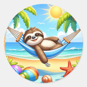 Cute beach sloth lovers classic round sticker