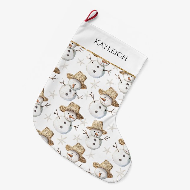 Cute Beach Snowman Christmas Gold Glitter Large Christmas Stocking (Front (Hanging))