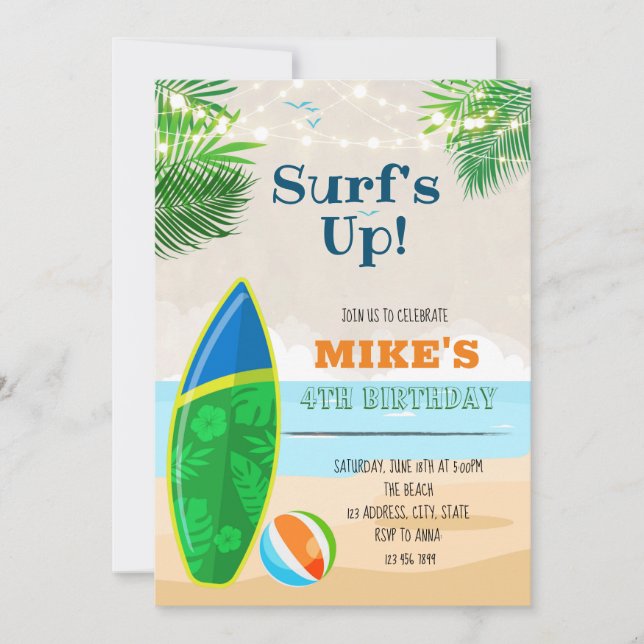 Cute beach surf birthday invitation (Front)
