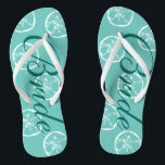 Cute beach wedding flip flops for bride and groom<br><div class="desc">Cute beach wedding flip flops for bride and groom. Vintage sand dollar shell pattern design. Custom strap colour for him and her / men and women. Custom background colour and personalizable with name initials. Elegant aqua / turquoise blue and white his and hers sandals with stylish script calligraphy typography. Cute...</div>