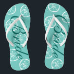 Cute beach wedding flip flops for bride and groom<br><div class="desc">Cute beach wedding flip flops for bride and groom. Vintage sand dollar shell pattern design. Custom strap colour for him and her / men and women. Custom background colour and personalizable with name initials. Elegant aqua / turquoise blue and white his and hers sandals with stylish script calligraphy typography. Cute...</div>